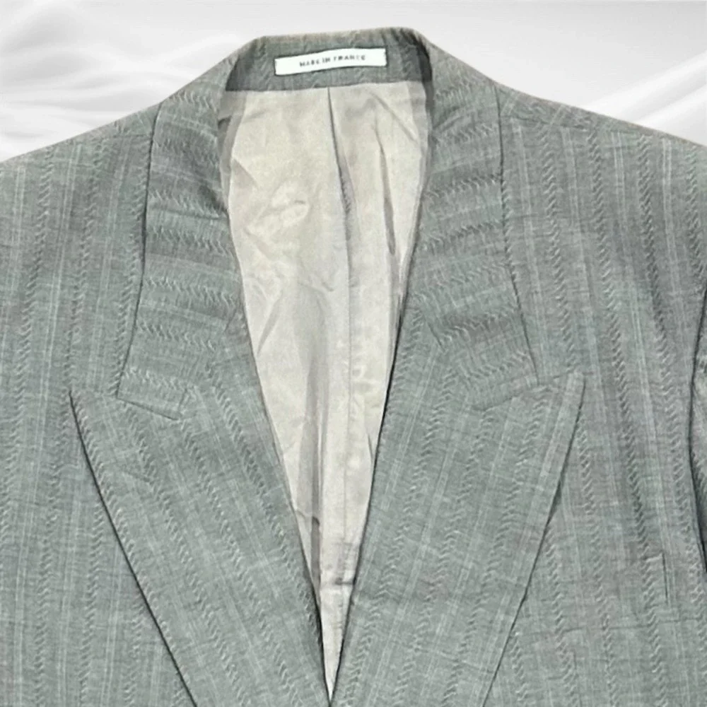 Yves Saint Laurent France Double Breasted Wool Blazer Stripe Peak Ventless 44R